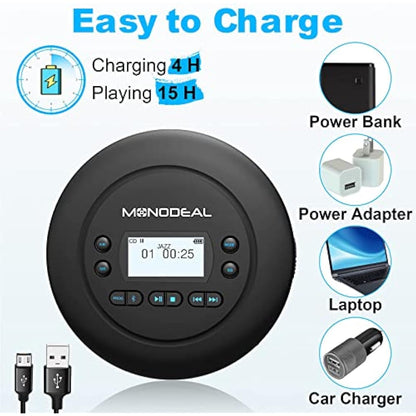 MONODEAL Bluetooth CD Player Portable, Rechargeable Compact Small CD Player with Headphones for Car and Personal Use