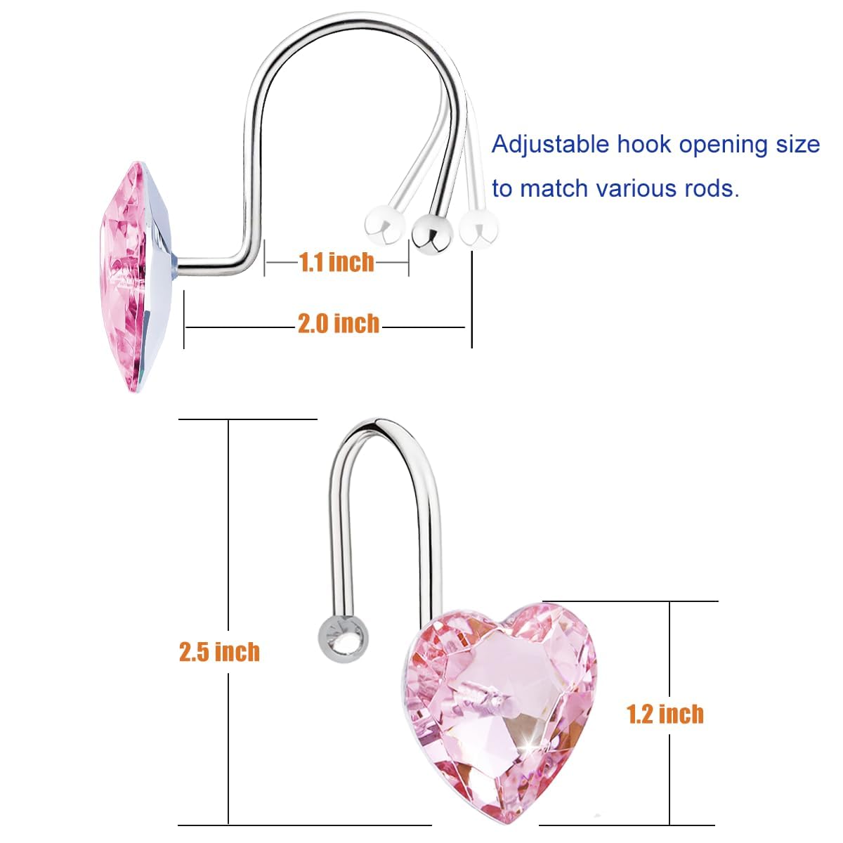 12PCS Shower Curtain Hooks, Heart Shaped Rhinestone Rings, Stainless Steel Rust Resistant Bathroom Decor Hangers for Curtains Bathroom Home Decor