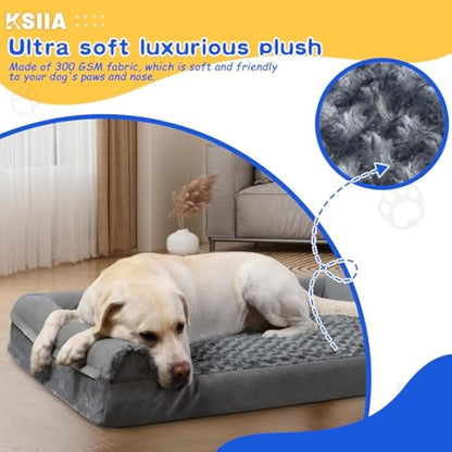 KSIIA Extra Large Dog Bed, XXL Orthopedic Dog Sofa Bed with Removable Washable Cover, Waterproof, U-Shape Bolster, Grey 121x76x18cm