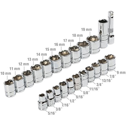 WORKPRO 24PC Socket Set 3/8" Ratchet Drive Sockets Wrench, 11pc Metric & 10pc SAE Sockets, Extension Bar Spark Plug Rachet Set Spanners with Blow Molded Case