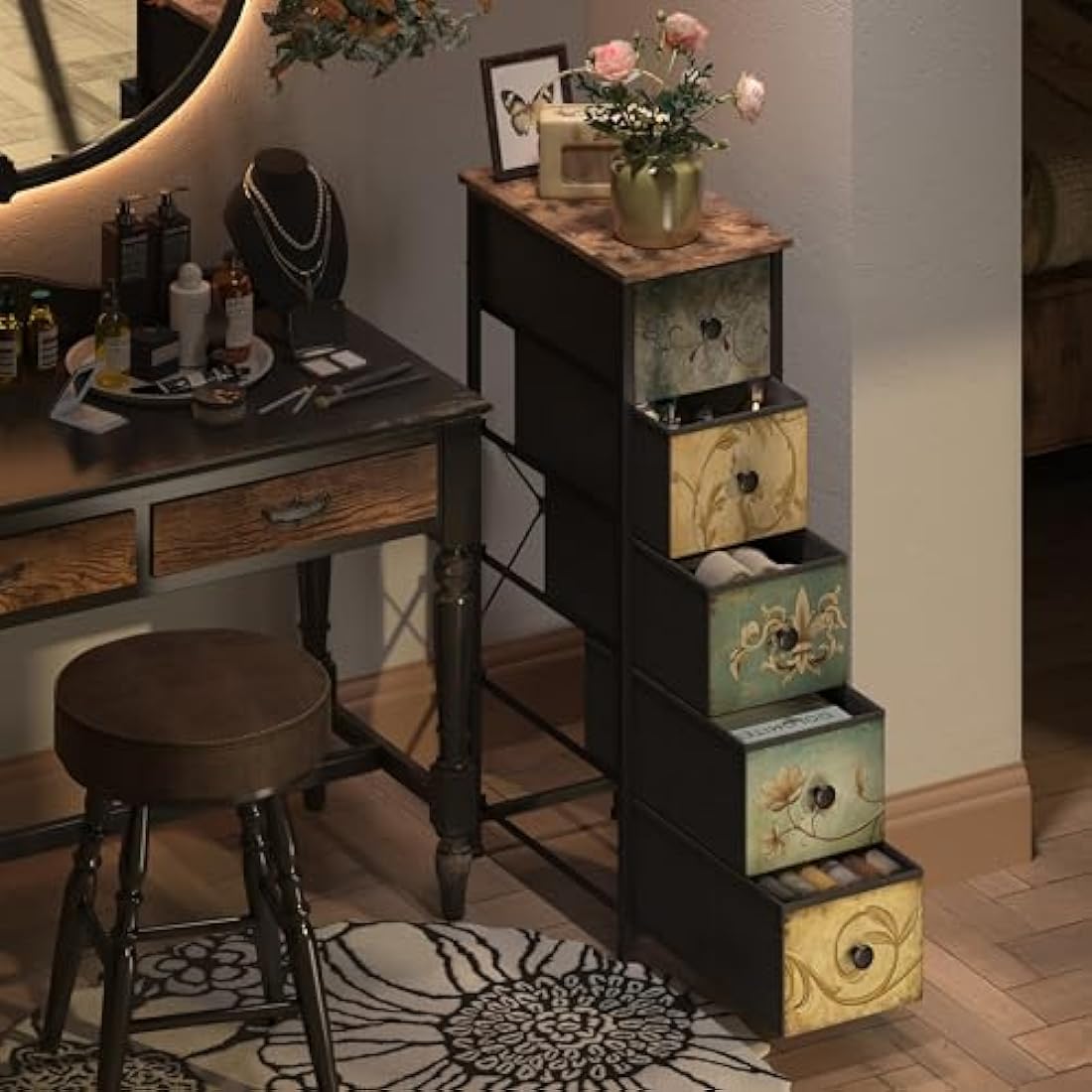 VEDECASA Chest of Drawers with 5 Drawer Narrow Dressers for Bedroom Small Place Storage Tower Unit Bedroom Drawers for Bathroom Kitchen Living Room Hallway Entryweay Wooden Top Sturdy Metal Frame