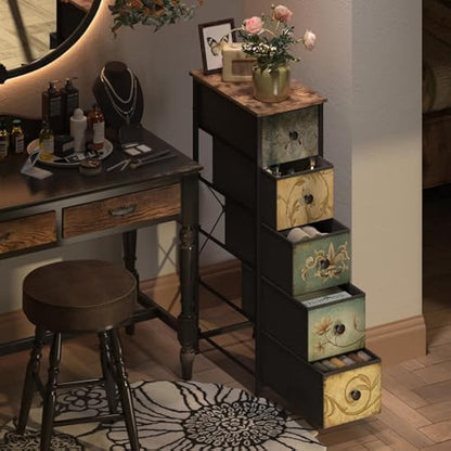 VEDECASA Chest of Drawers with 5 Drawer Narrow Dressers for Bedroom Small Place Storage Tower Unit Bedroom Drawers for Bathroom Kitchen Living Room Hallway Entryweay Wooden Top Sturdy Metal Frame