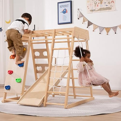 Giant bean Indoor Climbing Frame for Toddlers, Jungle Gym for 2-5yrs Kids,Toddlers Climber Toys 8-in-1 with Slide, Rock Climb Wall, Monkey Bars, Wood & Rope Ladder, Climbing Rope & Wall
