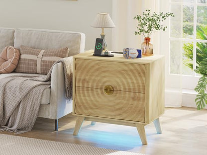 Ripple Led Bedside Table with Charging Station and Human Body Sensor,Nature