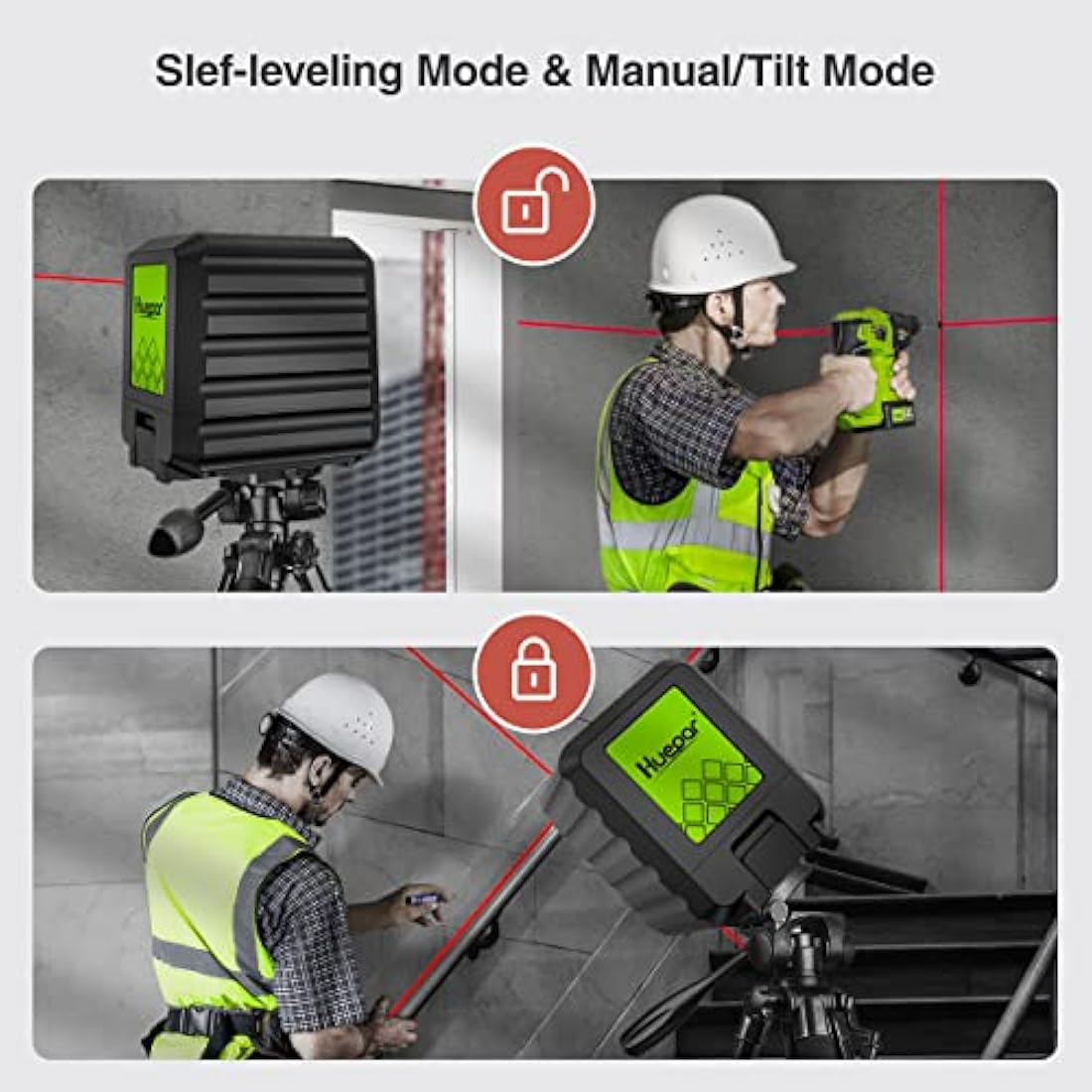Huepar Self-Leveling Laser Level with Red Beam Cross Line Laser - Vertical and Horizontal Line, 100ft Alignment Tool for Picture Hanging and DIY Application, Battery Included