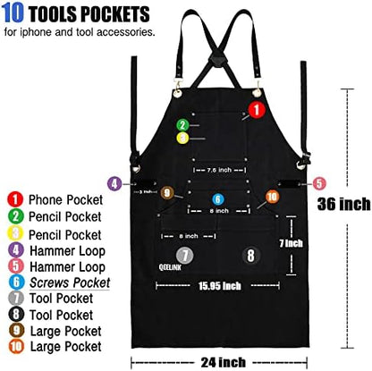 QeeLink Work Apron with 10 Tool Pockets, Woodworking Fireproof Canvas Apron for Carpenter, Adjustable M to XXXL Cross back Tools Apron, Black