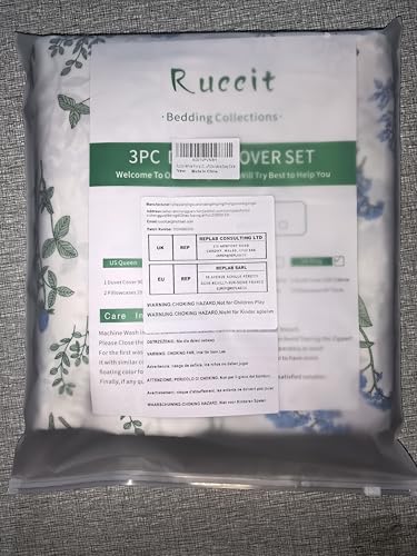 Ruccit White Floral Duvet Cover Set King 100% Cotton Duvet Cover King Size Bed 3pcs Garden Blue Green Chic Flower Bedding Set with Zipper Closure