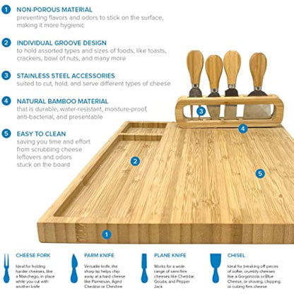 joeji's Kitchen Cheese Board Platter Set - Natural Wood Bamboo - Gift Set with Knives & Holder - Charcuterie Platter