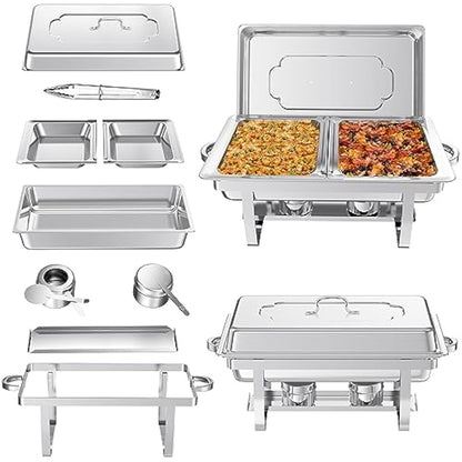 9L Chafing Dish Buffet Set,4 Pack Buffet Servers Catering Heat Container Set, Stainless Steel With Half Size Food Containers, Foldable Frames Food Warmer Set for Catering, Buffet, Wedding Parties