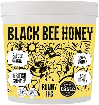 Black Bee Honey - Pure British Summer Honey, Runny with a Rich Heady Floral Flavour, Unprocessed, Single Source from Hive to Jar, Never Blended - Delicious on Toast, Soothing in Drinks, 1Kg Tub