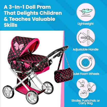 Kinderplay Dolls Pram | 3-in-1 Toy Pram | Baby Doll Pram - Toy Pushchair | Dolls Buggy | Dolls Pushchair | Doll Stroller with Adjustable Handle (36.5-64 cm), model KP0200G