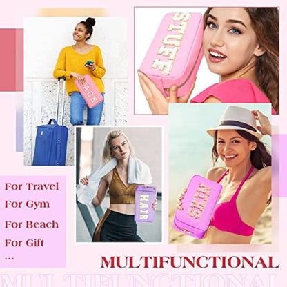4 Pcs Preppy Makeup Bag Chenille Letter Nylon Cosmetic Bag Makeup Organizer Bag Toiletry Cosmetic Case Preppy Bag with Zipper Stuff Bag Cosmetic Pouch Makeup Pouch for Women Teen Girl, Mixed Colors