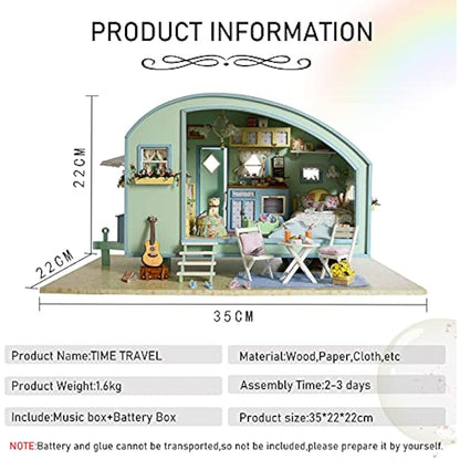 CUTEROOM Miniature Dolls House Kits, Diy Wooden Dolls House Handcraft Miniature House Kit Caravan, Time Travel Model House Kit with Furniture