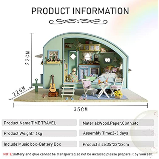 CUTEROOM Miniature Dolls House Kits, Diy Wooden Dolls House Handcraft Miniature House Kit Caravan, Time Travel Model House Kit with Furniture