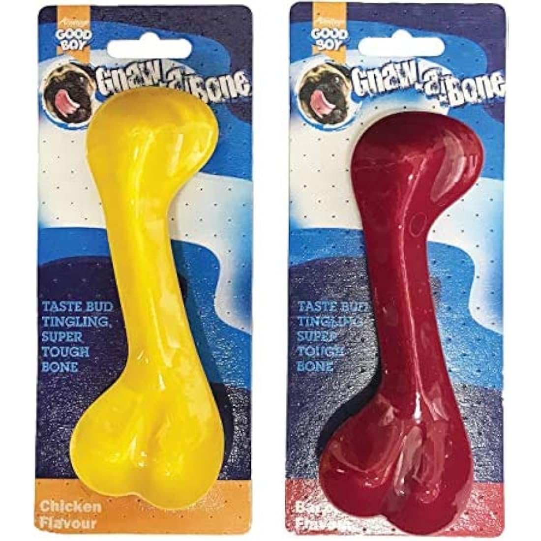 GOODBOY GNAW A BONE 2 PACK NYLON DENTAL DOG CHEW TOY 1 BACON 1 CHICKEN
