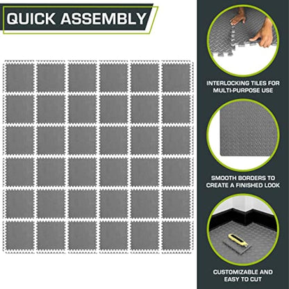 ProsourceFit Puzzle Exercise Mat ½ in, EVA Interlocking Foam Floor Tiles for Home Gym, Mat for Home Workout Equipment, Floor Padding for Kids, Grey, 24 in x 24 in x ½ in, 144 Sq Ft - 36 Tiles
