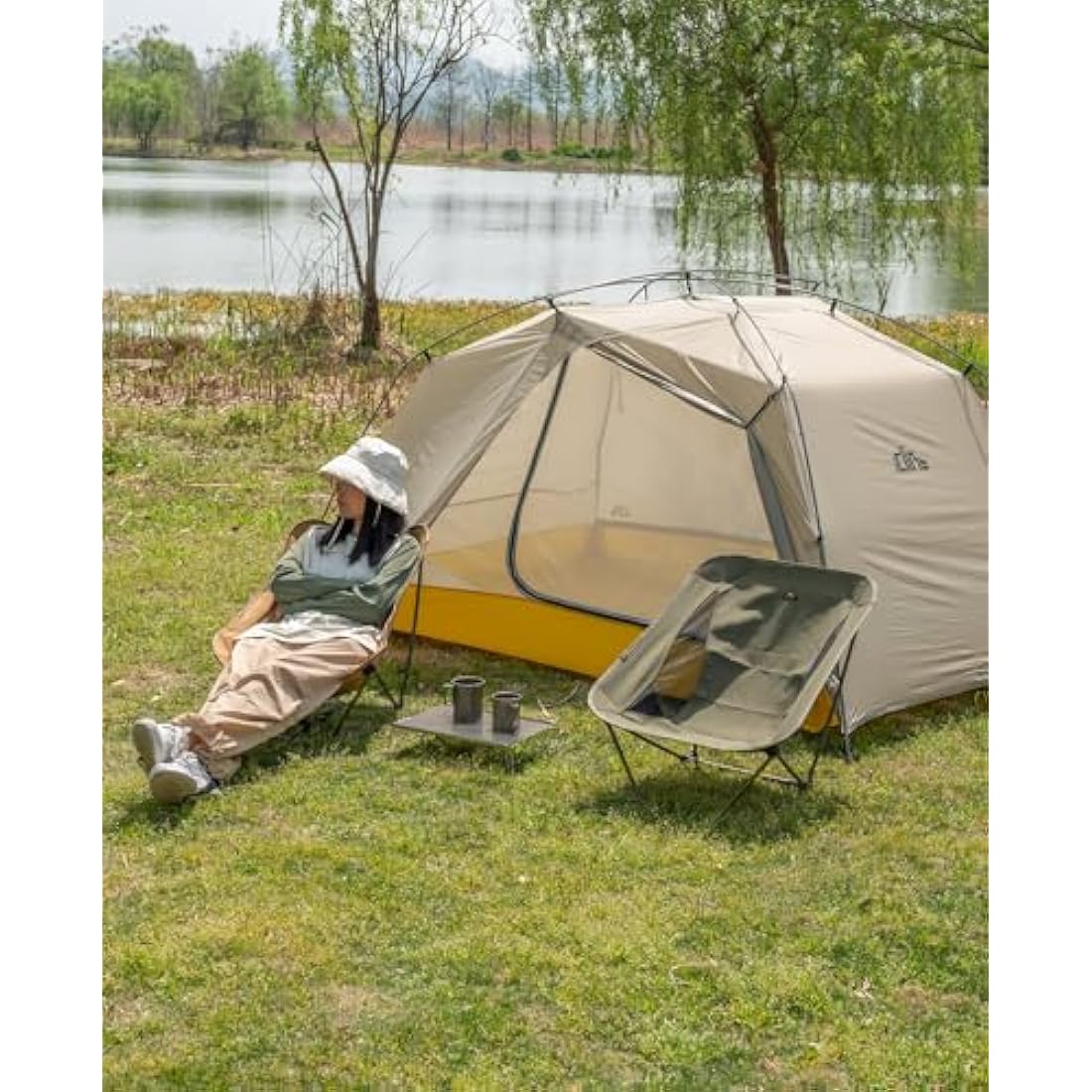 iClimb Low Ultralight Compact Camping Folding Chair with Side Pocket and Carry Bag (Green)
