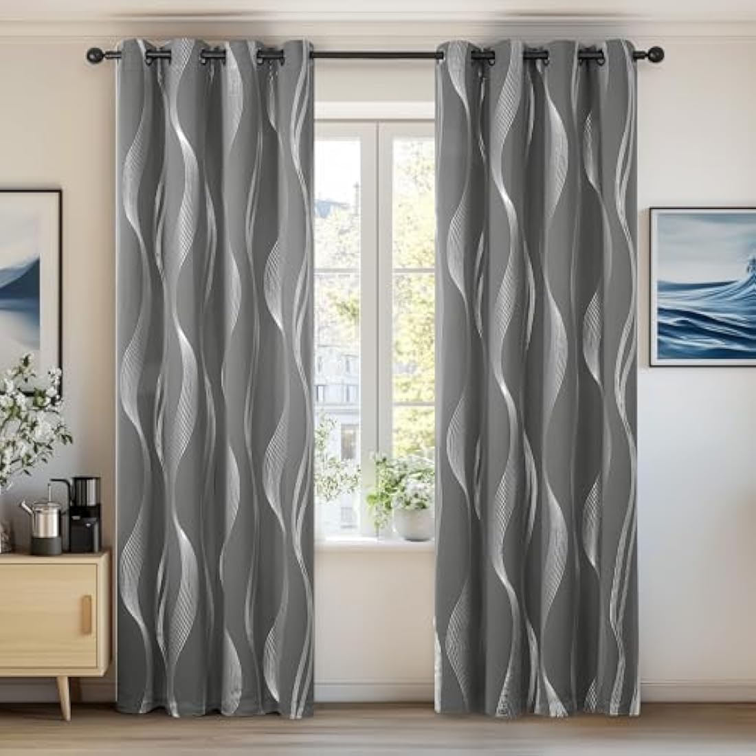Deconovo Grey Curtains 66 x 54 Inch Drop Foil Printed Wave Line Room Darkening Curtains Thermal Insulated Energy Saving Super Soft Eyelet Blackout Curtains for Bedroom Light Grey 2 Panels