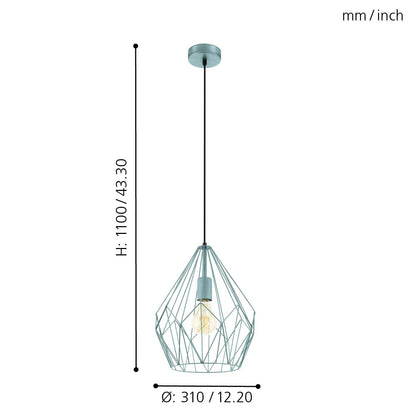 Eglo Carlton 1 Vintage Pendant Lamp, Retro Ceiling Light in Mint Steel, Dining and Living Room Hanging Lighting, E27 Socket