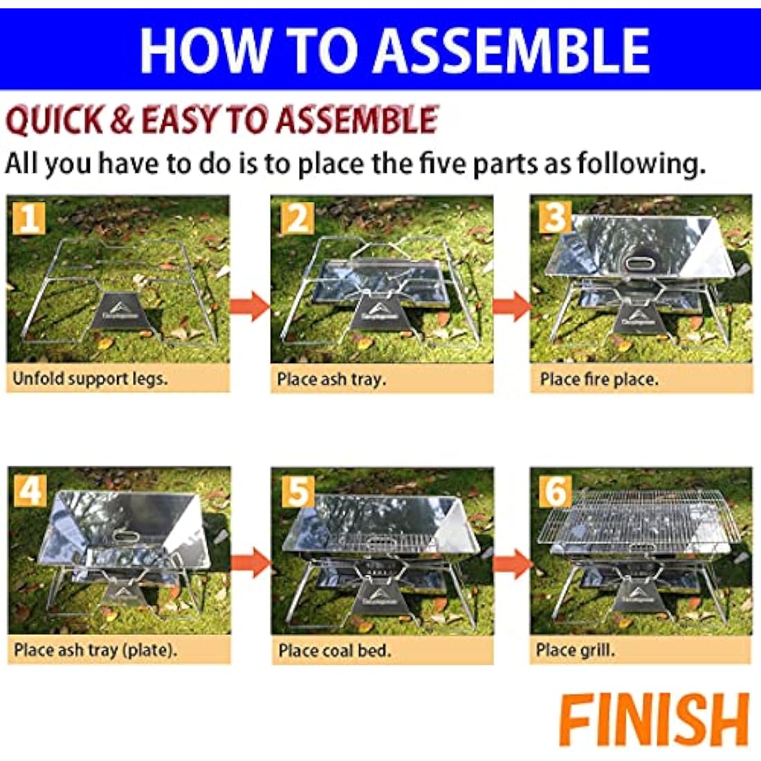 CAMPINGMOON Portable Camping Fire Pit Stainless Steel Foldable Collapsible BBQ Grill Wood Burning Charcoal 20x13-inch with Carrying Bag MT-3