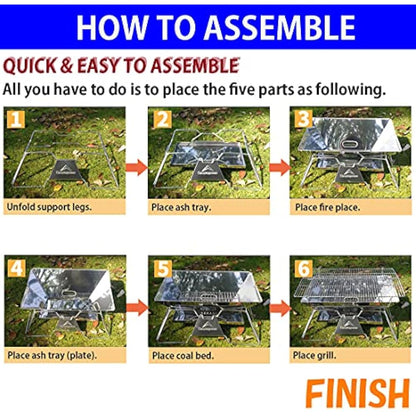 CAMPINGMOON Portable Camping Fire Pit Stainless Steel Foldable Collapsible BBQ Grill Wood Burning Charcoal 20x13-inch with Carrying Bag MT-3