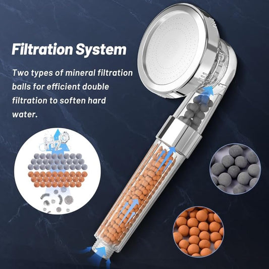 VEHHE Shower Head Powerful Flow with Beads Filter Pressure Boosting Shower Head Spray with 3 Modes Water Saving Bathing for Adults Children Pets Home and Gym Use (White)