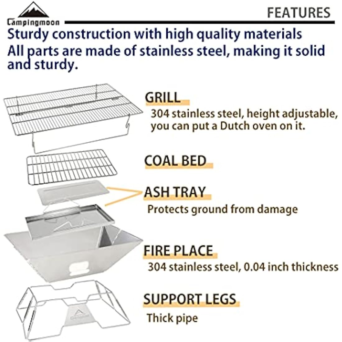 CAMPINGMOON Portable Camping Fire Pit Stainless Steel Foldable Collapsible BBQ Grill Wood Burning Charcoal 20x13-inch with Carrying Bag MT-3