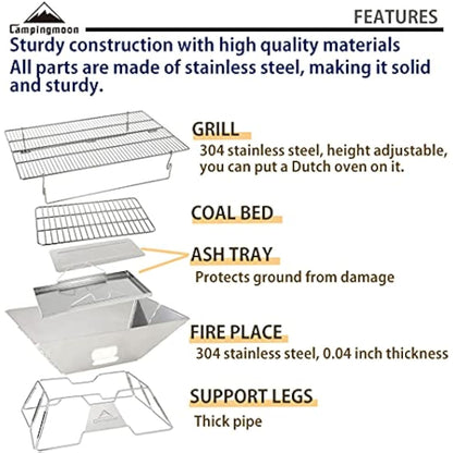 CAMPINGMOON Portable Camping Fire Pit Stainless Steel Foldable Collapsible BBQ Grill Wood Burning Charcoal 20x13-inch with Carrying Bag MT-3
