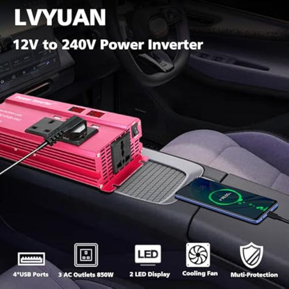 LVYUAN Power Inverter 850W/2000W DC 12V to 240V AC Car Converter with 4 USB 3 AC Sockets Car Adapter With LED Display for Travel Camping RV Truck