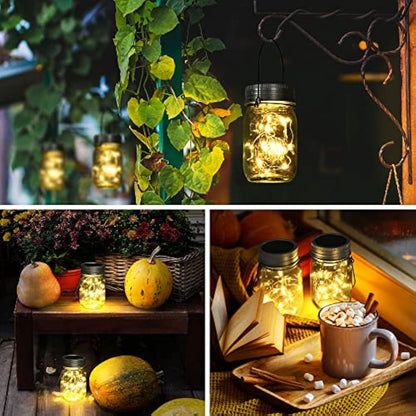GIGALUMI Hanging Solar Mason Jar Lights, 6 Pack 30 Led Lanterns. Great Outdoor Decor for Patio Garden, Yard and Lawn, Warm White