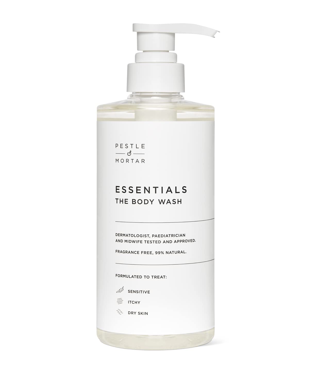 Pestle & Mortar Essentials Body Shower Gel 500ml, with Vitamin E, For Dry, Itchy, Sensitive and Eczema-prone Skin, Dermatologically tested, midwife