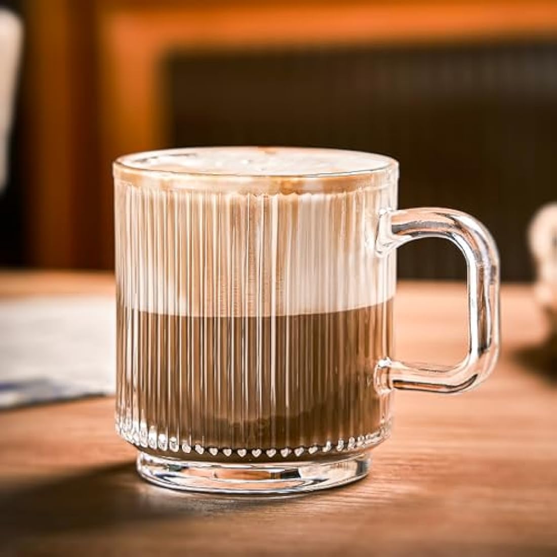 binsakao Glass Coffee Mugs 6 Pack - 340 ml Premium Coffee Cups with Handles - Classic Vertical Stripes Transparent Tea Cup Set for Hot Cold Beverages