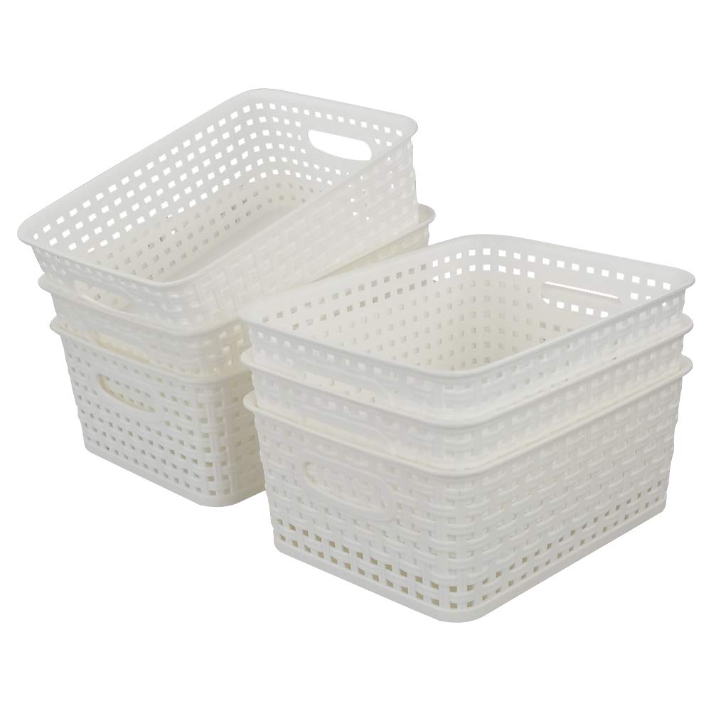 Bringer Set of 6 Plastic Storage Baskets, White Weave Storage Baskets