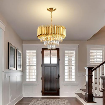 Gold Modern Crystal Chandeliers 3-Tier K9 Round Crystal Light Fixture Small Gold Chandeliers Ceiling Light Fixture for Dining Room Living Room Bedroom Entryway E14*5Light