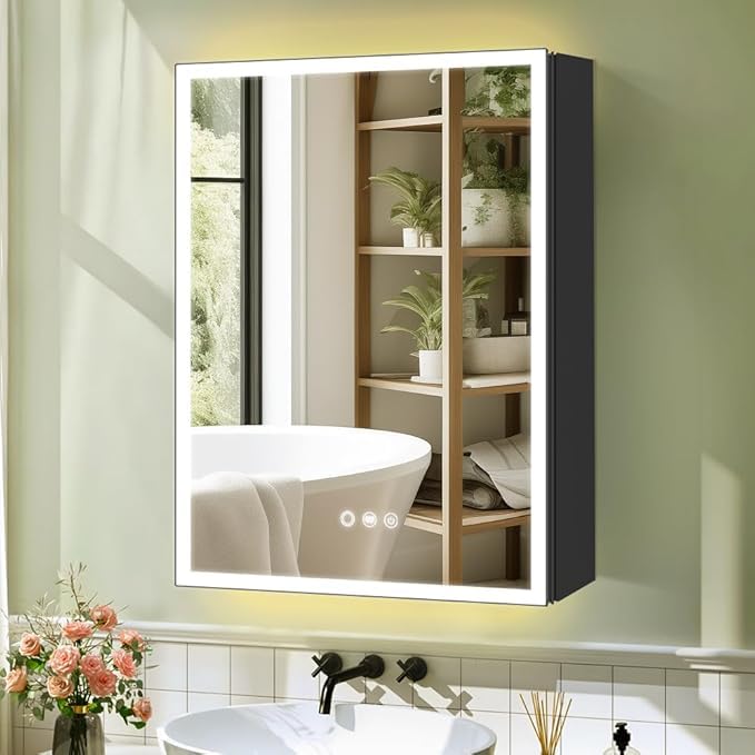 KAASUNES LED Mirror Cabinet with Light,Stepless Glass Shelf,3 Colors&Dimmer,Defogger,Internal light&USB Shaver Socket,Backlit&Frontal