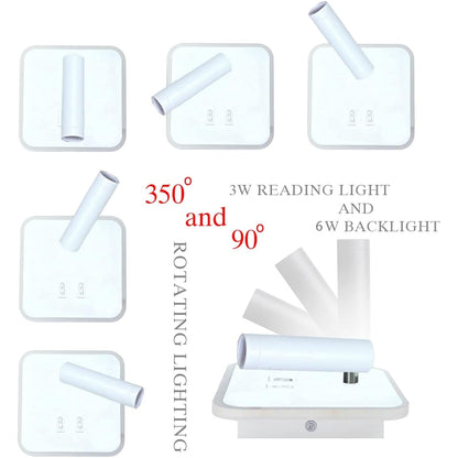 uksunvi LED Wall Mounted Lamp,Bedside Reading Wall Light,12W LED Wall Lamp, Adjustable Spotlight （3W +9W 3000K Warm Light） (White Square)