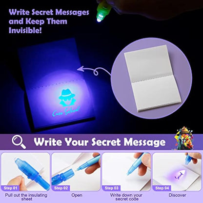 DazSpirit 16 Packs Invisible Ink Pens and Notebooks - Detective Theme, UV Light Spy Pens Party Bag Fillers for Boys and Girls, Magic Secret Message Pens for Detective Parties, Treasure Hunt