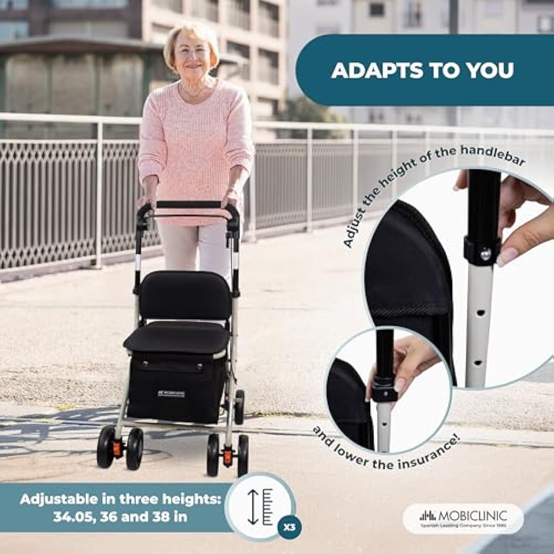Mobiclinic®, Shopping Trolley with Seat, Mobility Walker, 21L, Coliseo, Walker for Adults, Foldable, Rollator, Trolley with Backrest, Shopping Trolley on Wheels, Bag Removable, Directional Locking