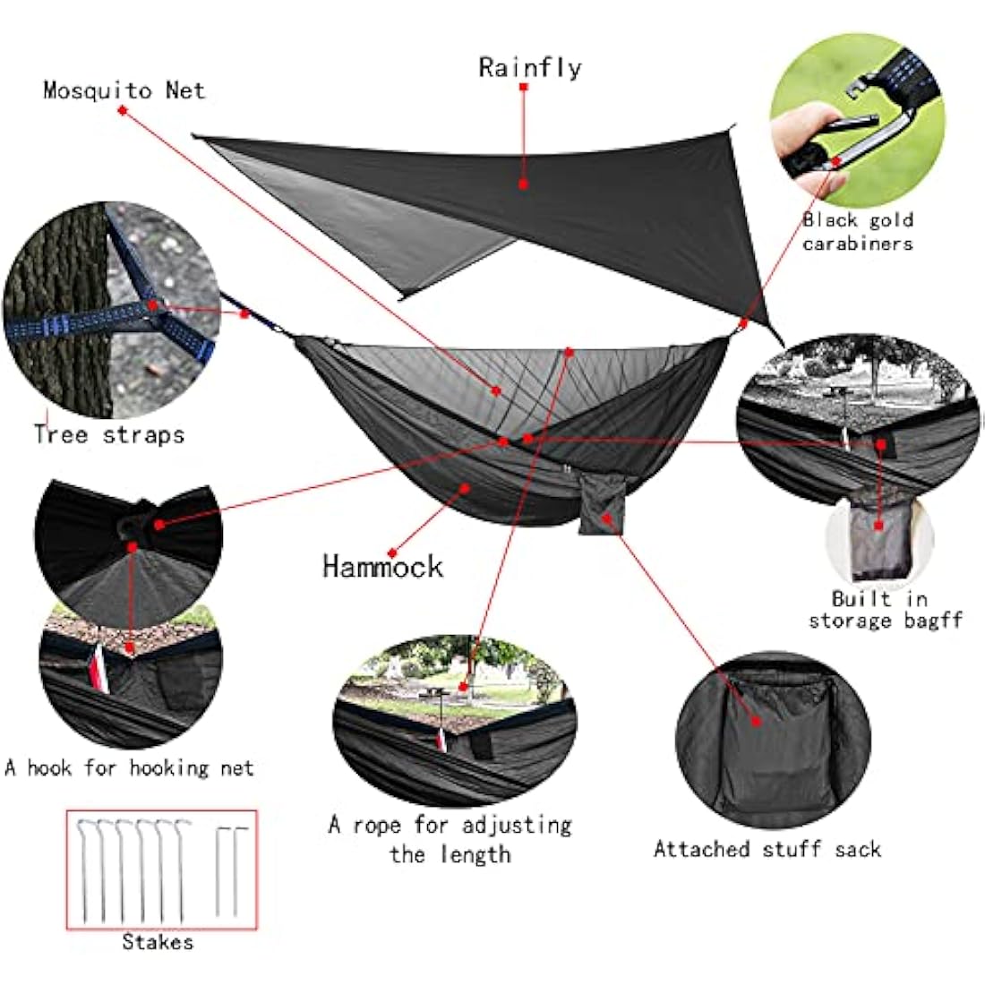 Oversized rain rope tarp and camping hammock with mosquito net, portable single double hammock with tree strap hammock set for camping, backpacking hikes, outdoor backyard