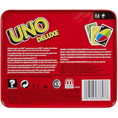 Mattel Games UNO Deluxe, Classic Card Game for Kids and Adults for Family Game Night, Use as a Travel Game or Engaging Gift for Kids, 2 to 10 Players, Ages 7 and Up, K0888