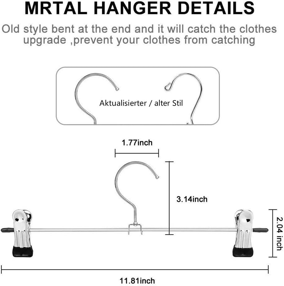 Trouser Hanger,10Pack Pant Hangers Space Saving Skirt Hangers with Clips Adjustable Non-Slip Coat Hangers Heavy Duty Chrome Clothes Hangers Clothes
