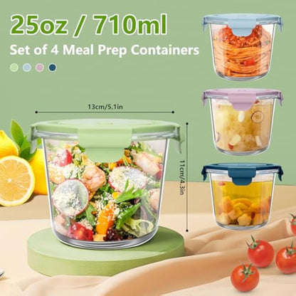 UHAPEER 710ml Glass Container with Lids, Meal Prep Bowls, Round Glass Food Containers, Soup Container to Go, for Soup, Lunch, Salad,Airtight Reusable Bowls, Food Storage Containers,Microwave Safe,4PCS