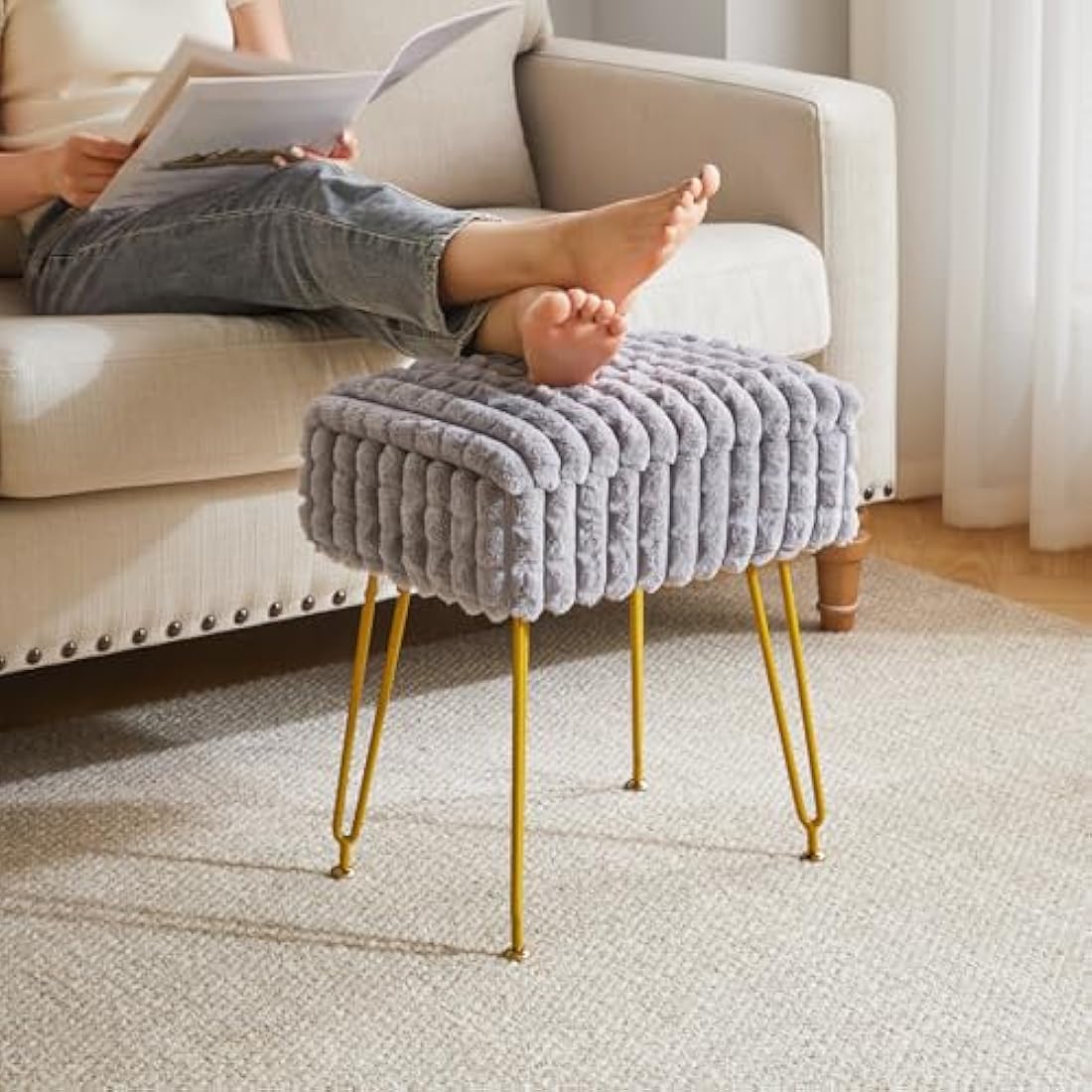 IBUYKE Rectangle Vanity Chair with Storage Space, Footrest Footstool Ottoman, Vanity Stool, Dressing Table Chair, with Anti-Slip Feet, for Makeup Room, Bedroom, Square grid pattern, Grey WBD004G