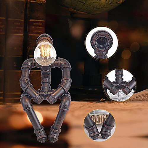 Kaj Hejmo Water Pipe Table Lamp Robot Style- Retro Industrial Steampunk Rustic Table Light- Vintage Farmhouse Desk Lamp for Bedroom,Office, Bedside, Nightstand, Baror or Shop (Rust-Style B)