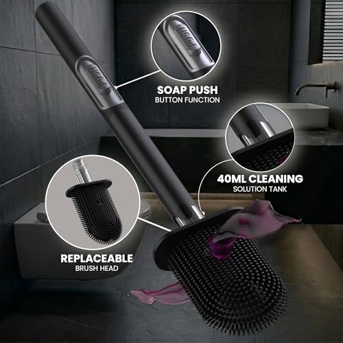 Premium Silicone Toilet Brush with Holder Good Housekeeping Approved - Stainless Steel Wall-Mounted & Free-Standing