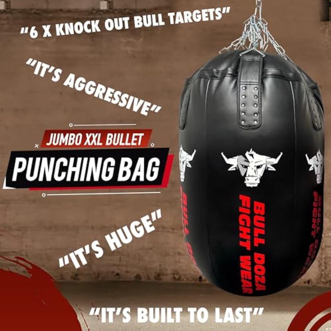 Bullet Punch Bag - Huge - Self-Fill Punch Bag - 100kg Filling Capacity, Heavy-Duty, Stainless Steel Chains Swivel - Most Aggressive Boxing Bag - Bull Doza Fight Wear