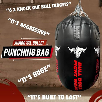 Bullet Punch Bag - Huge - Self-Fill Punch Bag - 100kg Filling Capacity, Heavy-Duty, Stainless Steel Chains Swivel - Most Aggressive Boxing Bag - Bull Doza Fight Wear