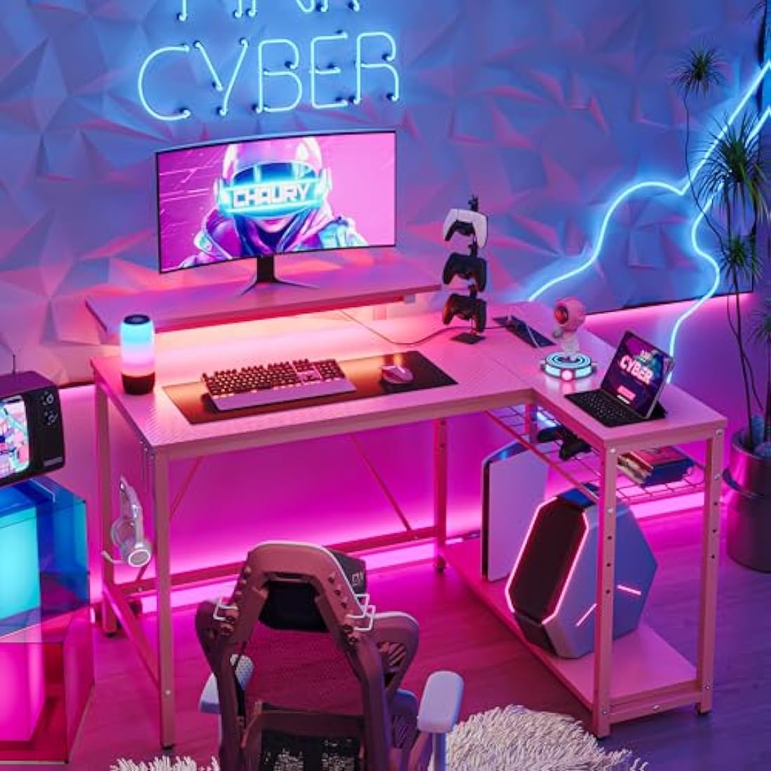 Bestier 106.5CM L-Shaped Desk with Power Outlets & LED Lights, Reversible Corner Desk with Shelves & Hooks for Home Office, Bedroom & Small Spaces