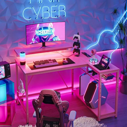 Bestier 106.5CM L-Shaped Desk with Power Outlets & LED Lights, Reversible Corner Desk with Shelves & Hooks for Home Office, Bedroom & Small Spaces