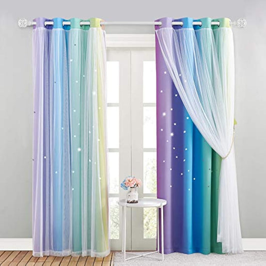 NICETOWN Kids Blackout Curtains - Stars Cut Out Thermal Curtains for Nursery Girls Boys Bedroom Living Room Rainbow Drapes with Eyelet, 2 Panels W52 x L84 Inch (132x213 cm), Purple Blue Green Yellow
